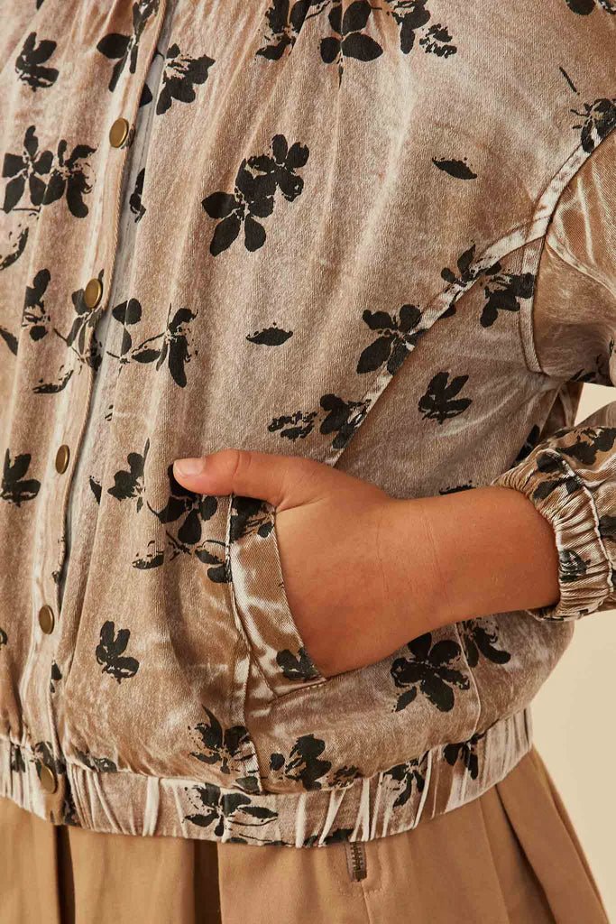 Hayden Girls Floral Print Stretch Twill Puff Sleeve Jacket in Mocha