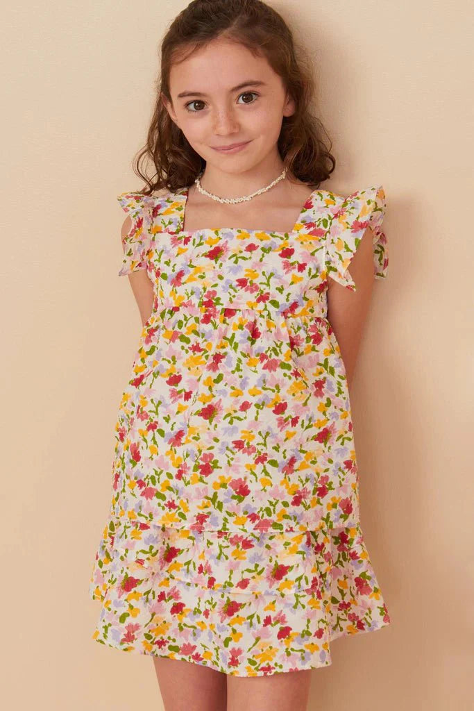 Hayden Girls Ruffle Floral Tank Dress in Off White