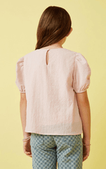 Hayden Girls Seersucker Puff Sleeve Top in Pink