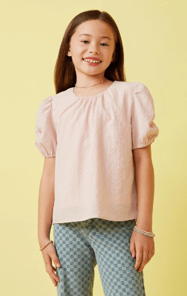 Hayden Girls Seersucker Puff Sleeve Top in Pink