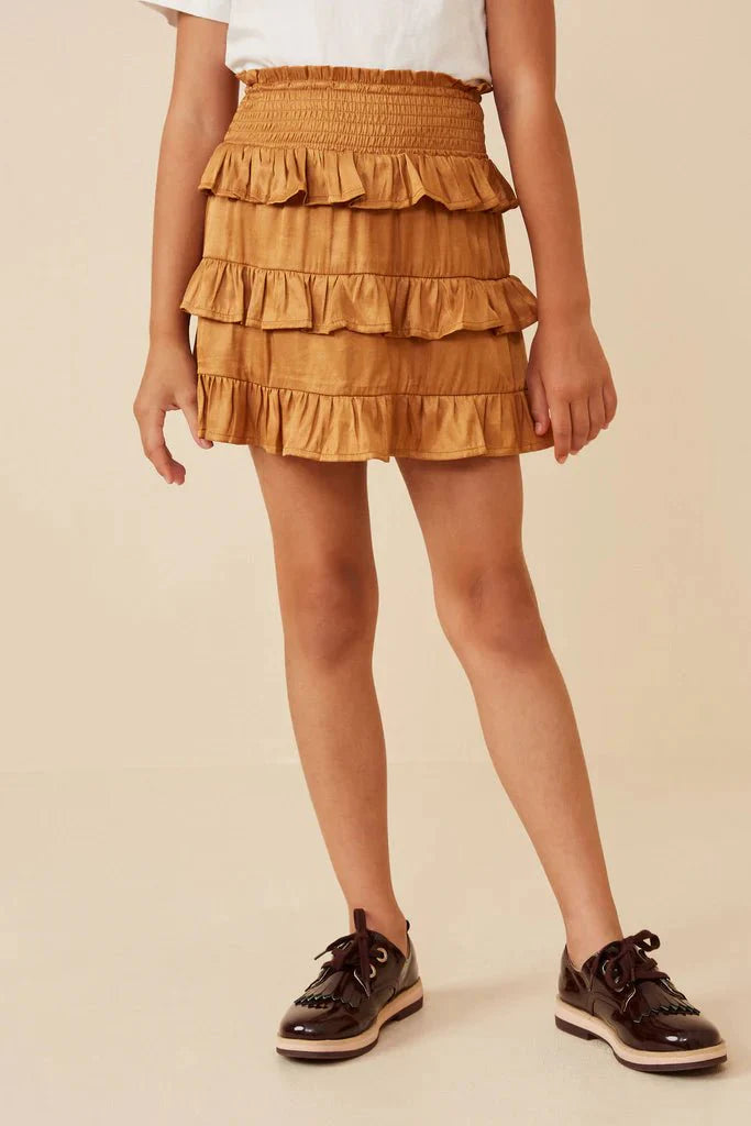 Hayden Girls Shimmery Ruffle Tiered Smocked Waist Skirt in Camel