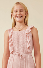 Hayden Girls Smocked Ruffle Jumpsuit in Mauve