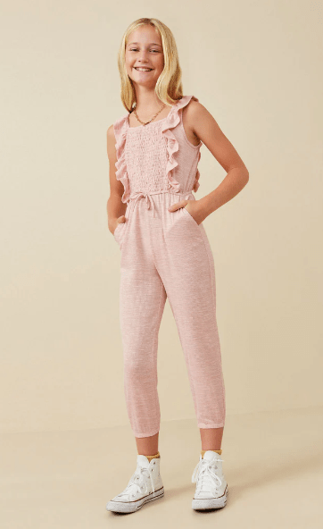 Hayden Girls Smocked Ruffle Jumpsuit in Mauve