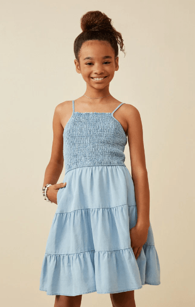 Hayden Girls Smocked Tiered Skirt Denim Tencel Mini Dress