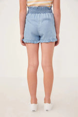Hayden Girls Smocked Waist Ruffled Shorts in Light Denim