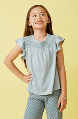 Hayden Girls Smocked Yoke Ruffle Shoulder Top in Blue