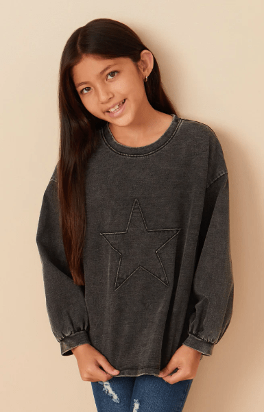 Hayden Girls Tonal Star Patch Washed Sweatshirt in Black