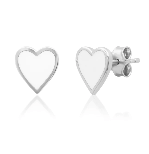Jen Hansen White Heart Enamel Studs in Silver