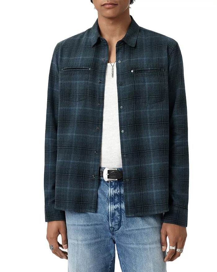 John Varvatos Dario Shirt in Brushed Plaid in Titanium Blue