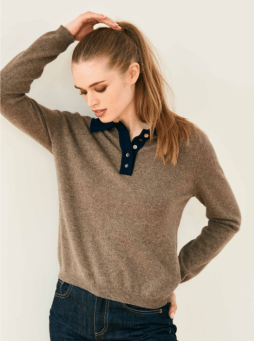 Jumper1234 Cashmere Contrast Polo in Moose and Navy