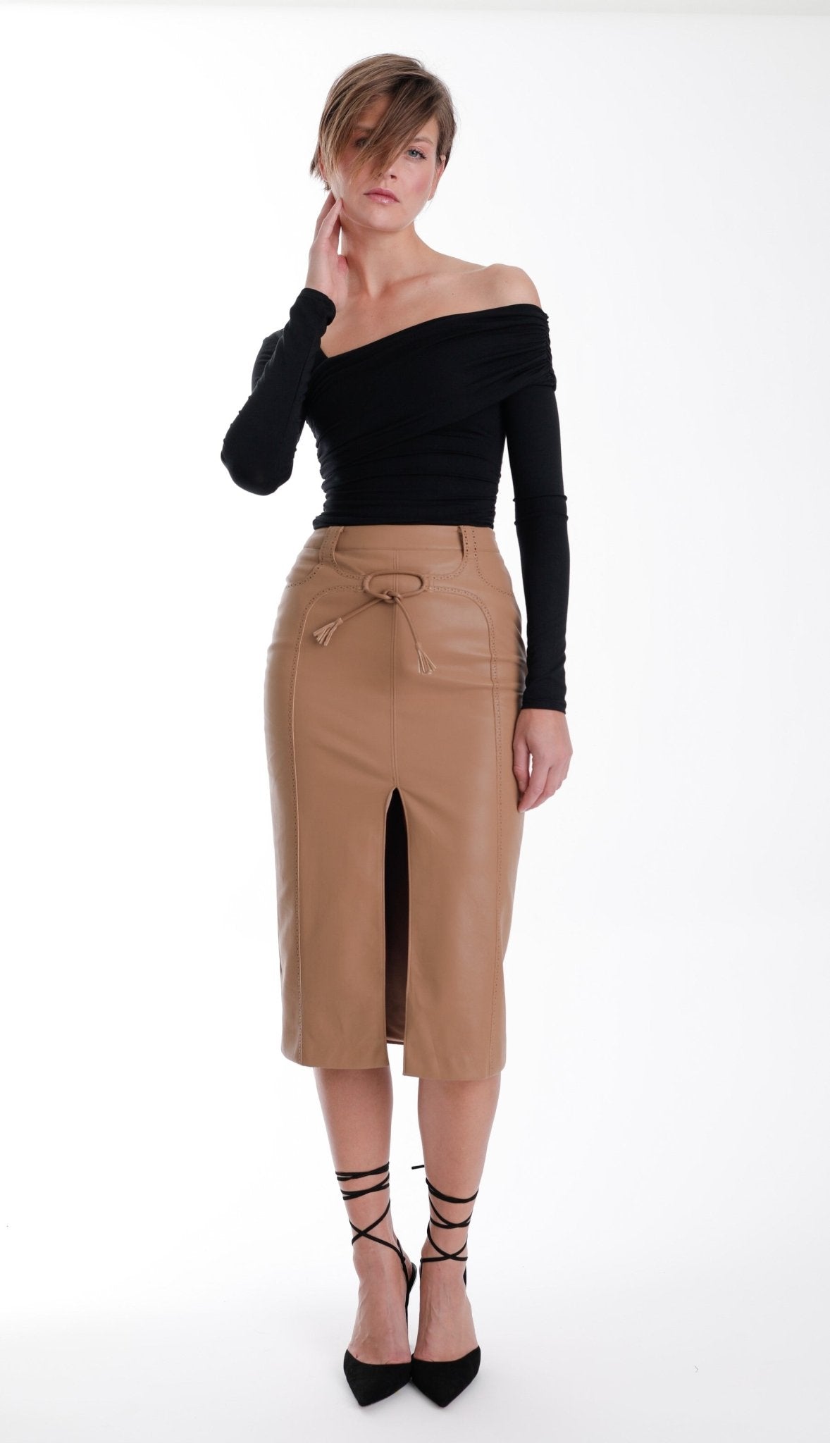 Karina Grimaldi Mona Vegan Leather Midi Skirt in Chestnut