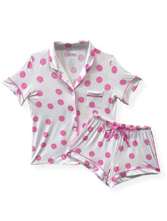 KatieJ Junior Lynn Shorts Lounge Set in Neon Pink Smiley