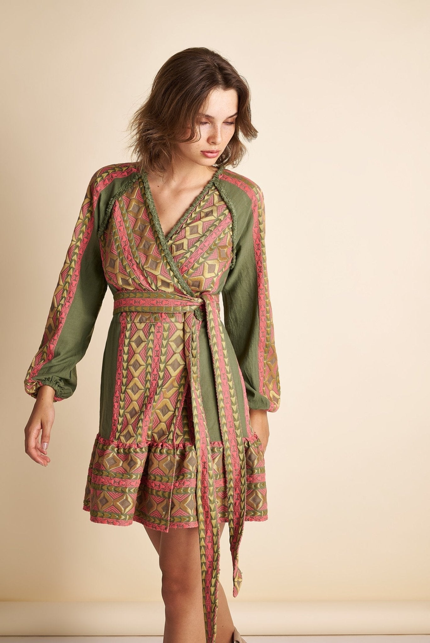FINAL SALE Lace Wrap Dress in Khaki