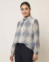 Spot Print Puffball Cowl Neck Blouse