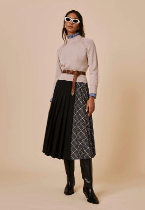 FINAL SALE Sfizio Pleated Checkered Wrap Skirt in Gray Madras Wool