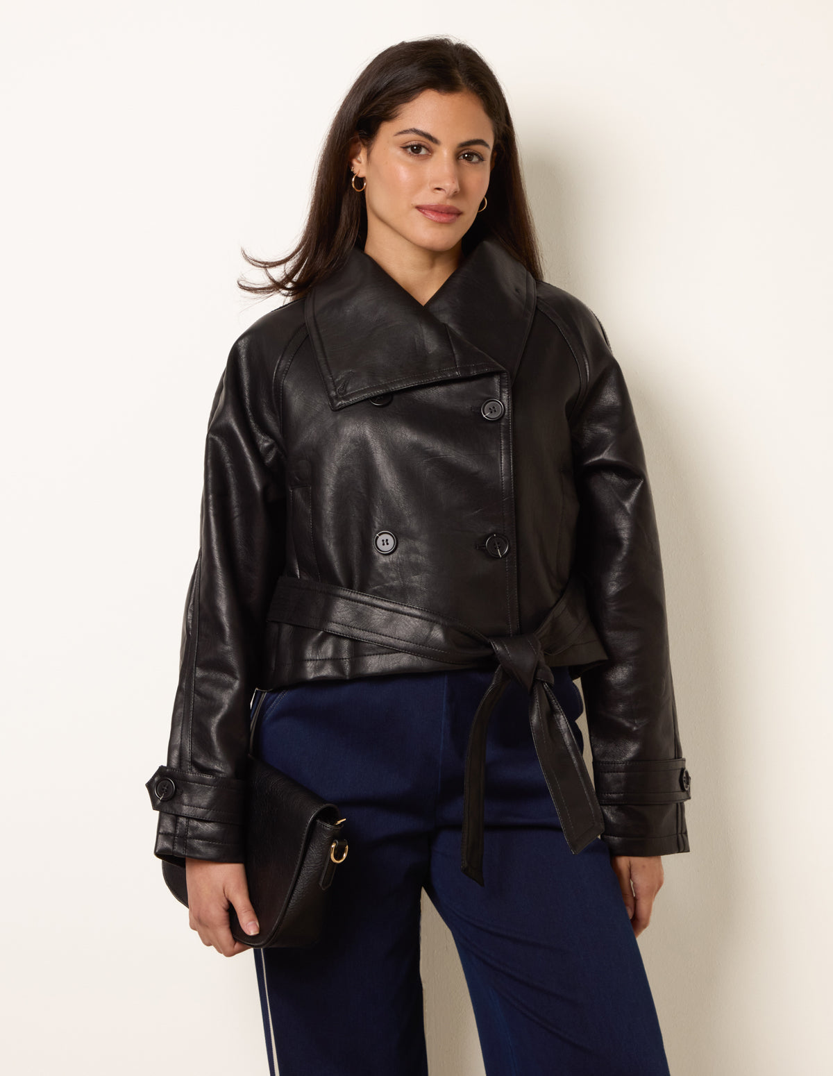 Double Breasted Leather Look Jacket