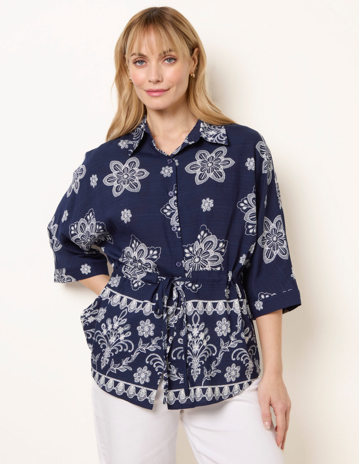 Floral 3/4 Sleeve Tie Waist Shirt