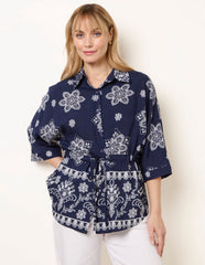 Floral 3/4 Sleeve Tie Waist Shirt